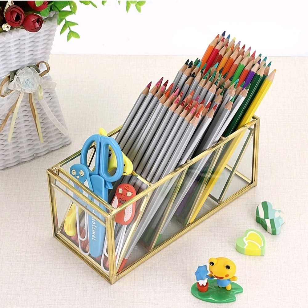 Hipiwe Vintage Gold Metal Desk Organizer - Glass Make up Brushes lipstick Hol... - Picture 3 of 12